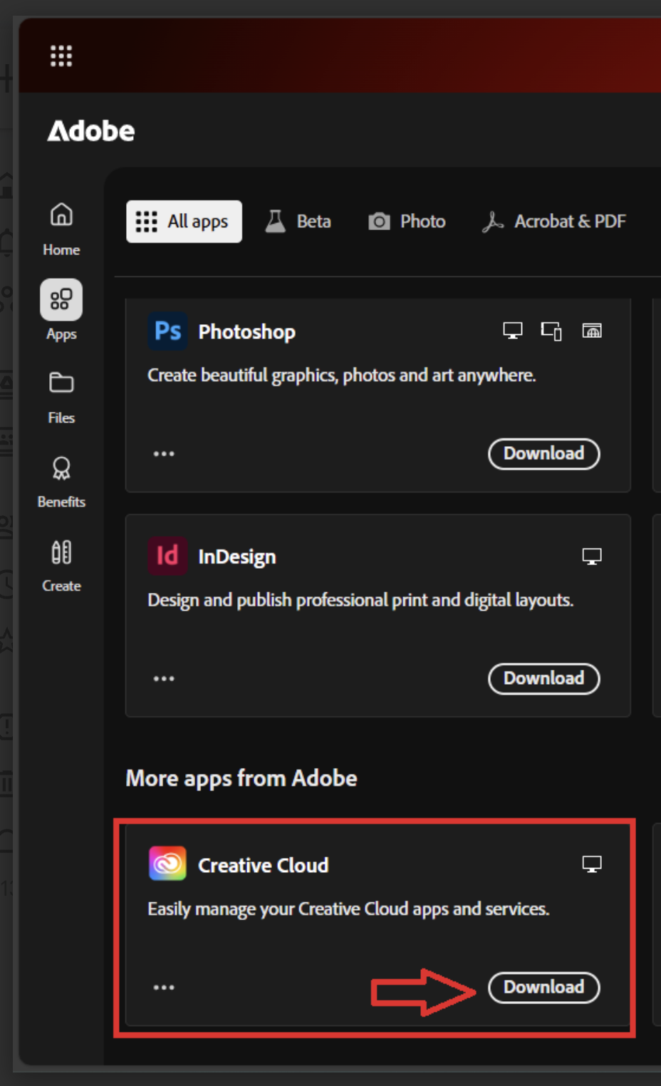 Apps page showing “More apps from Adobe” with Adobe Creative Cloud download.