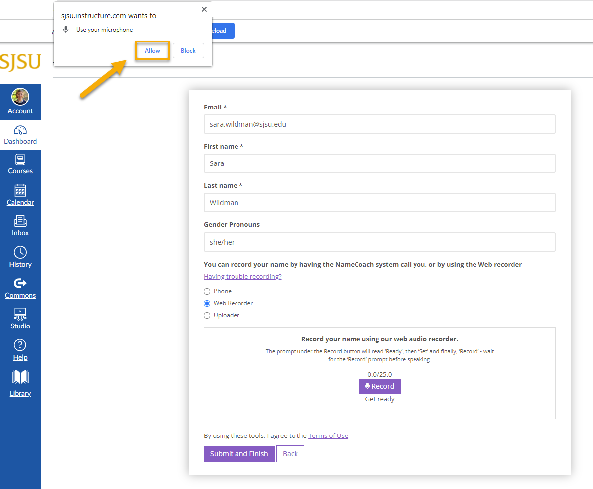 Click allow in pop up to allow microphone.