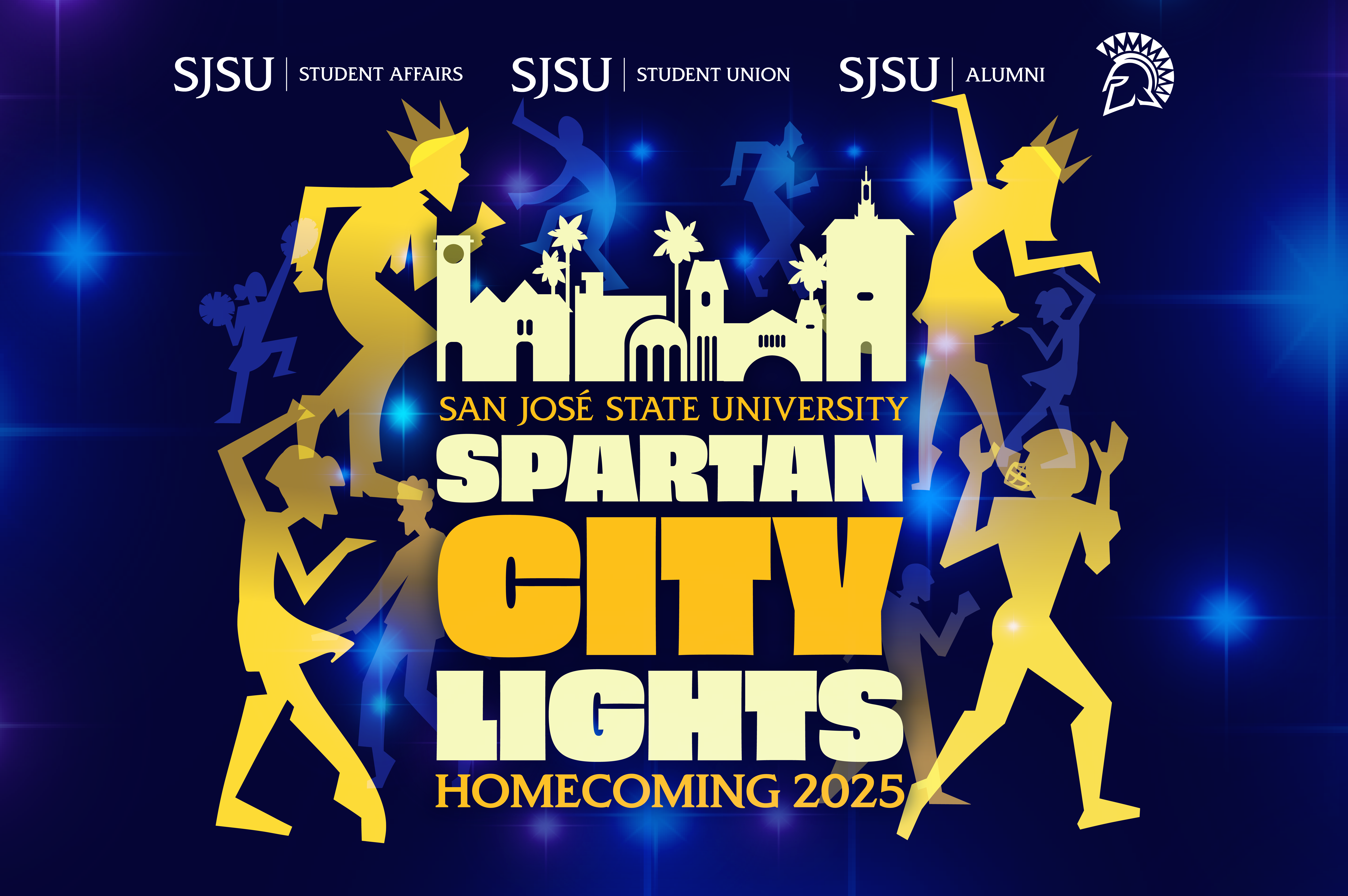 San José State University Spartan City Lights Homecoming 2025 graphic with gold silhouettes of students celebrating around a city skyline on a dark blue background.