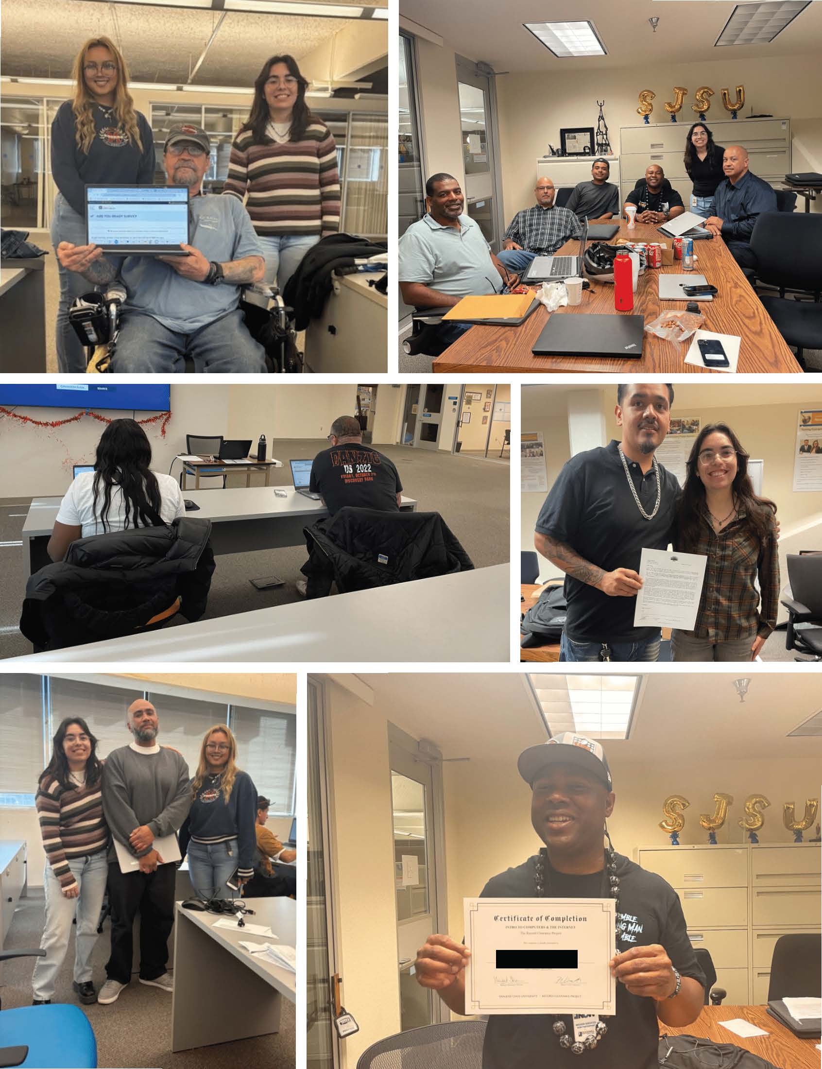 Pictures featuring former Digital Lit teachers, Magali and Raya, with their students. Some are seen working on their computers while others are smiling with their certificates after completing the program.