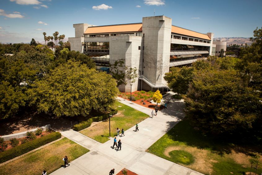 An aerial photo of Clark Hall on the San Jose State University campus in Downtown San Jose, California