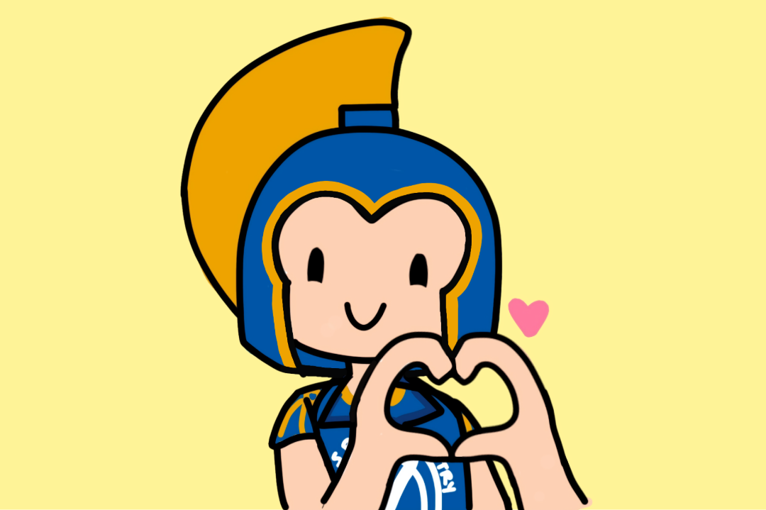 Illustration of Sammy Spartan wearing a spartan food pantry apron and putting up a hand heart
