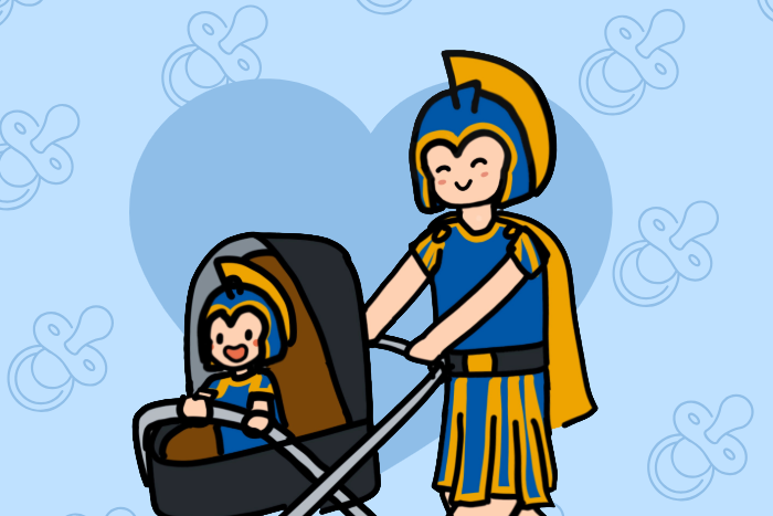 Illustration of smiling Sammy Spartan pushing a stroller with a toddler Sammy Spartan inside. Light blue background with a heart behind the figures and a pattern of pacifiers.