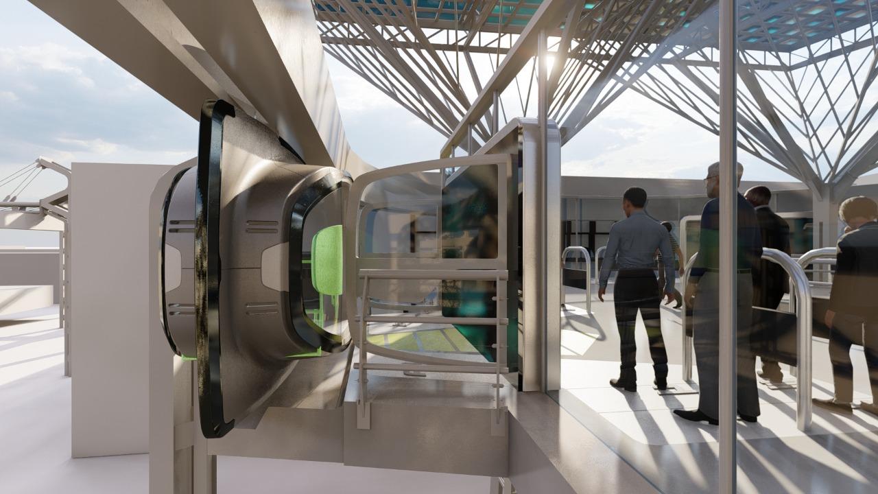 Rendering of Passengers Boarding Podcar